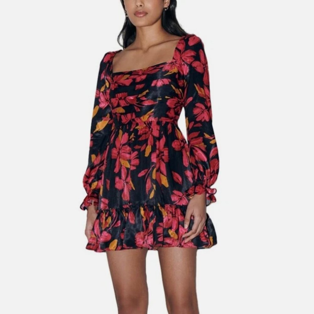 Saylor Fritz Floral Print Long Sleeve Babydoll Dress Sz‎ M Black Multi Floral